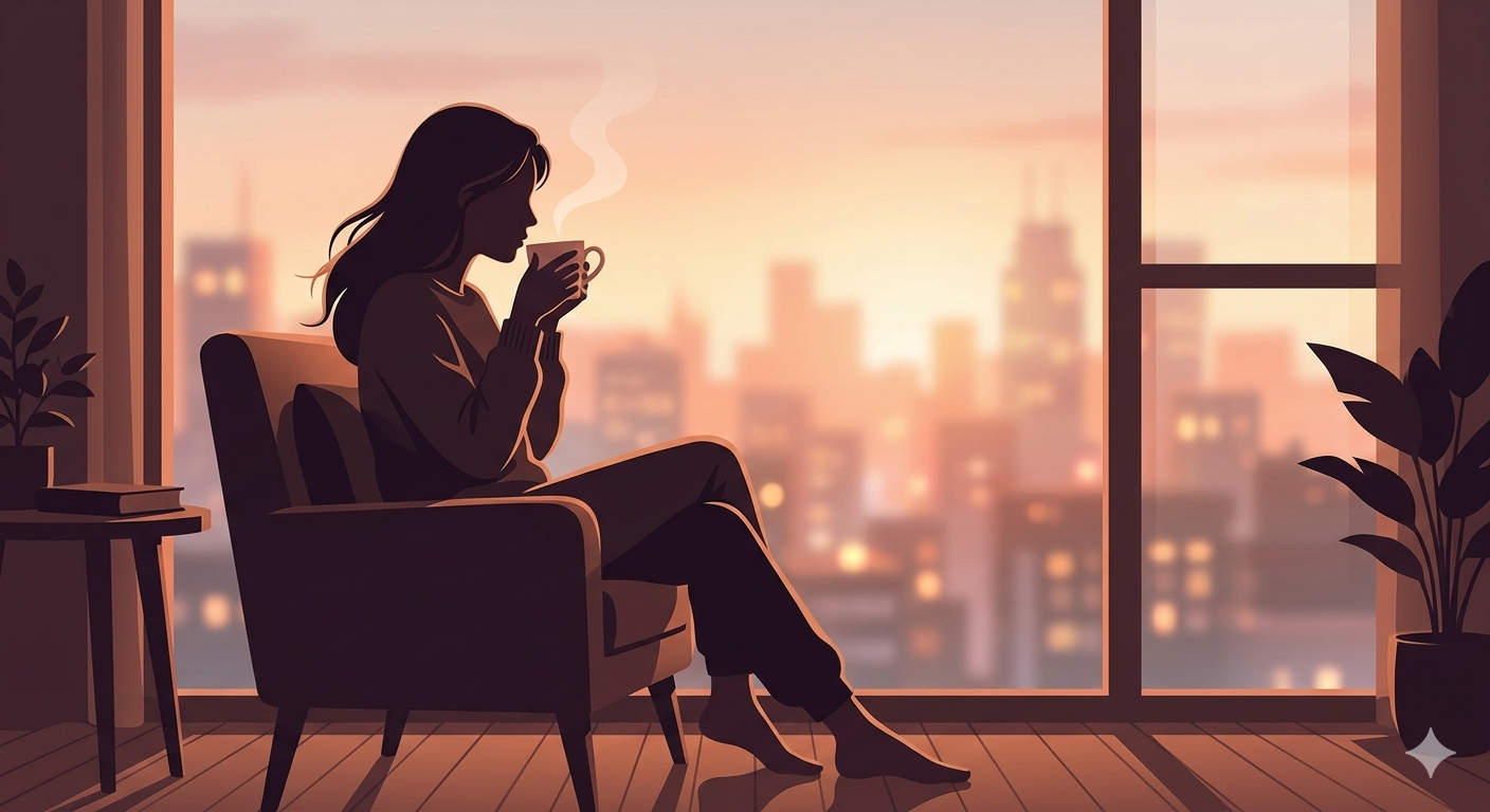 창밖으로 도시의 아침 햇살이 비치는 거실에서 한 여성이 안락의자에 앉아 따뜻한 모닝커피를 마시고 있는 차분한 분위기의 실루엣 이미지