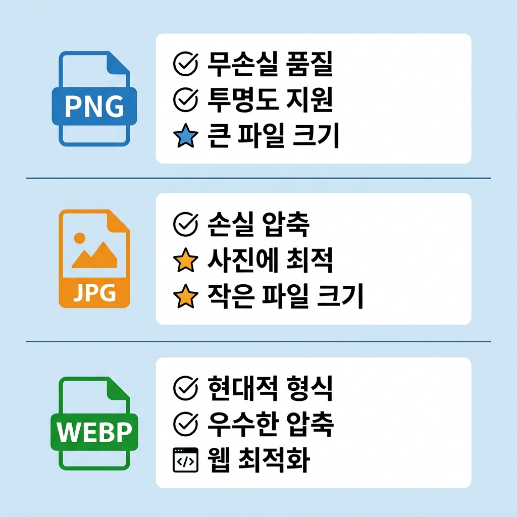PNG JPG WEBP 차이 비교 이미지, 이미지 파일 형식별 특징과 용도 정리 인포그래픽