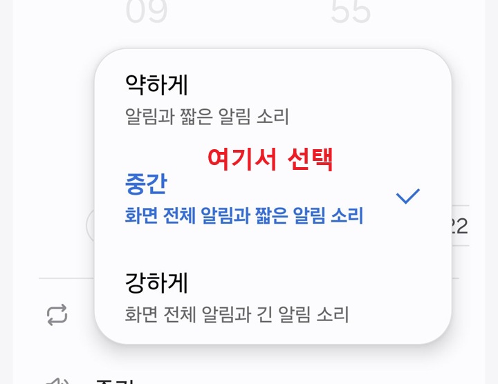 알림 강도 선택 창 보임