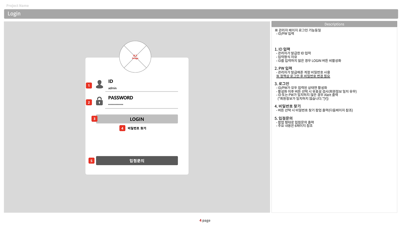 웹서비스 관리자 로그인 화면 설계서 예시와 주요 기능 설명 구조