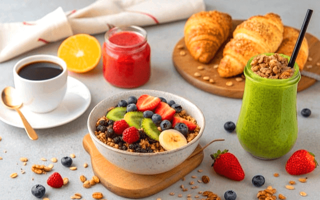 다이어트 식단이다. 블랙커피, 키위주스와 자몽주스가 있다. 하얀 그릇에는 건강 시리얼과 키위, 딸기, 블루베리가 있다. 크로와상 빵도 있다.