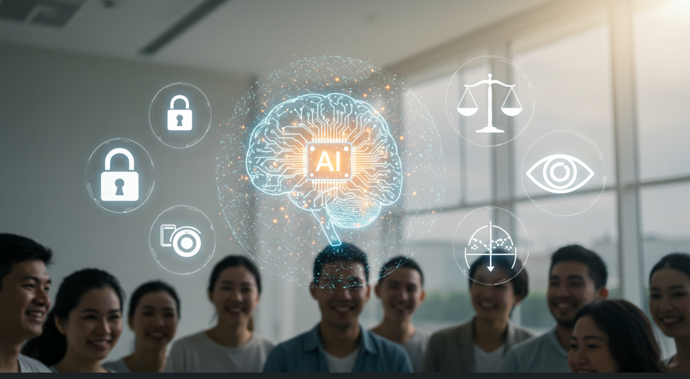 다수의 사람이 공중에 떠있는 디지털 이미지를 보고 미소짓고 있다