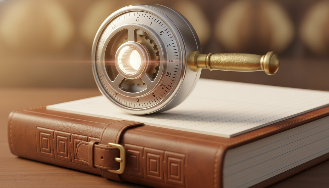 정교한 금속 금고 다이얼과 두꺼운 가죽 장정의 재무 원장이 결합된 클로즈업 매크로 사진. 시네마틱 조명, 얕은 피사계 심도. 자산과 현금 흐름의 안전한 보관(신탁)을 은유적으로 표현. (인물 없음, 그래프 없음, 화살표 없음)