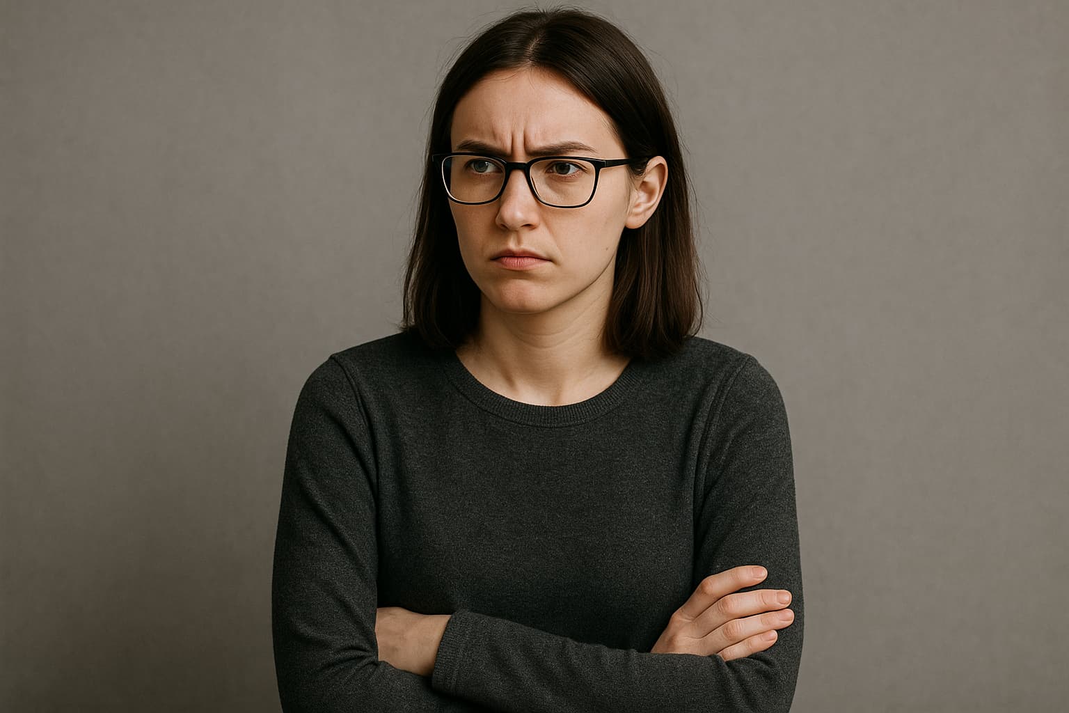 팔짱을 끼고 날카로운 시선을 보내는 INTP 성향 여성