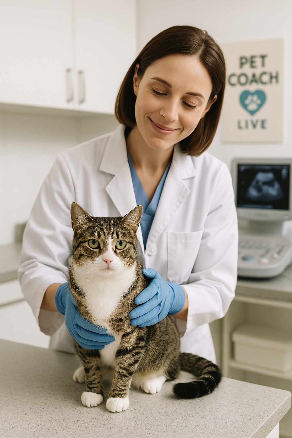 수의사와 함께 있는 고양이