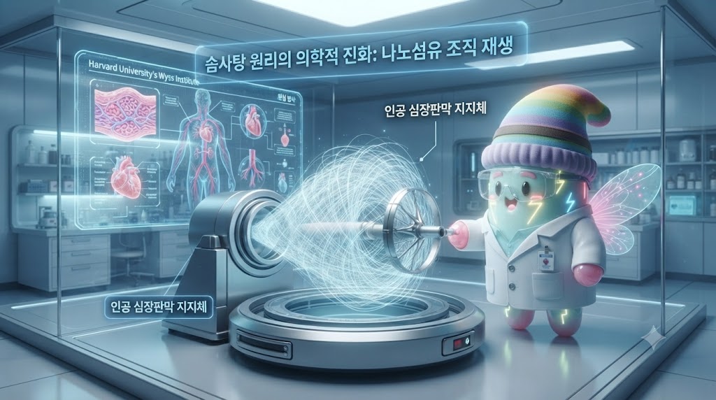 최첨단 하버드 대학교 생공학 연구소 실험실에 있습니다. 쫀쿠는 흰색 가운을 입고 연구원 안경을 썼습니다. 그의 앞에는 솜사탕 기계와 유사한 원심 방사 장치가 돌아가고 있고, 거기서 뽑혀 나온 극도로 가느다란 나노섬유들이 정교한 스캐폴드(인공 장기 틀) 위에 쌓이고 있습니다. 배경 홀로그램 스크린에는 '심장 조직 재생을 위한 나노섬유'라는 문구가 빛나고 있습니다.