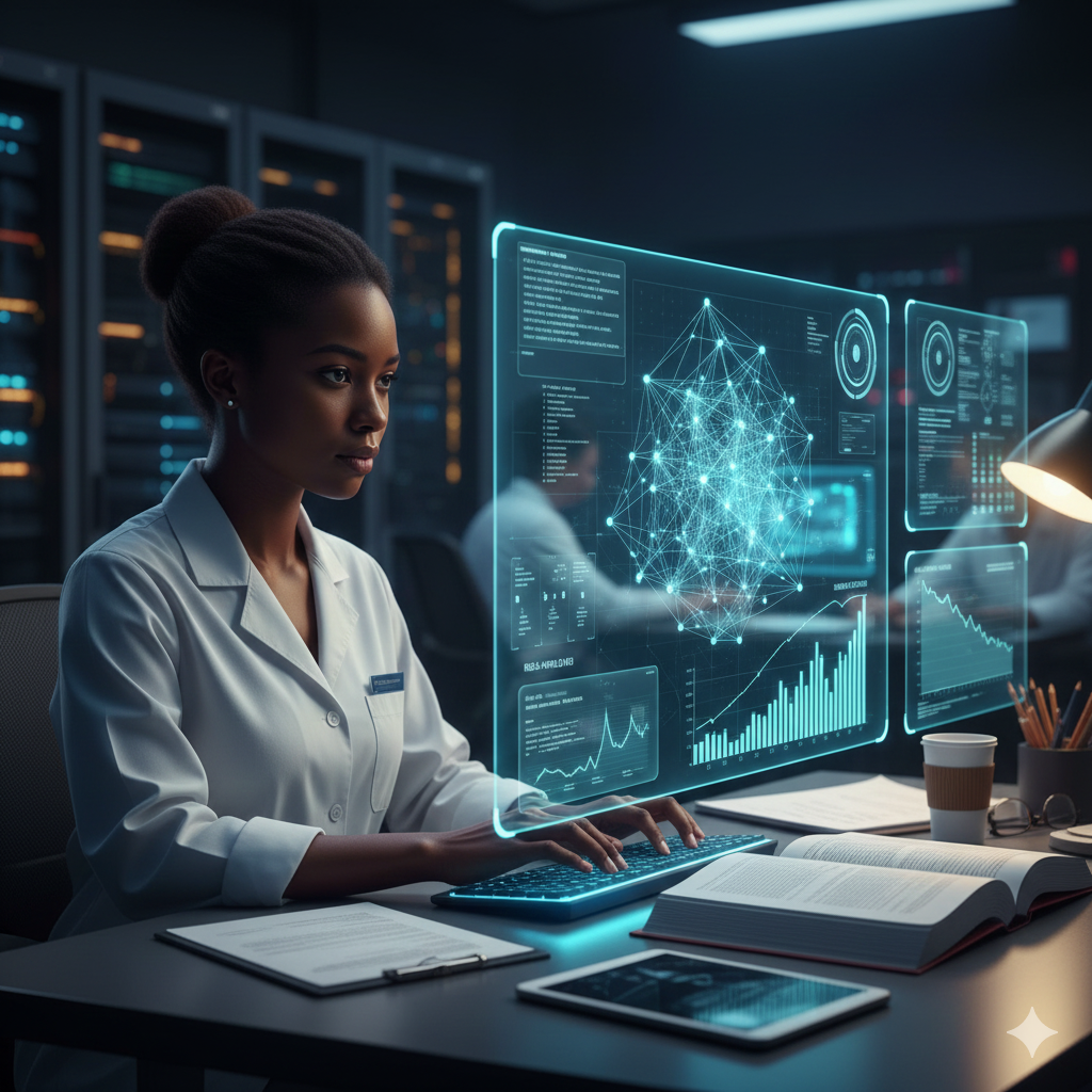 흑인 여성이 흰색 실험복을 입고 어두운 톤의 연구실이나 서버실처럼 보이는 공간의 책상에 앉아 있어요. 그녀는 진지하고 집중된 표정으로 앞에 떠 있는 투명한 홀로그램 디스플레이를 바라보며 키보드를 치고 있어요.

주요 홀로그램 화면에는 복잡하게 연결된 신경망 구조 또는 데이터 클러스터와 함께 다양한 기술 및 통계 그래프가 표시되어 있어요. 특히 오른쪽에는 하락하는 추세를 보이는 차트가 보여요.

책상 위에는 두꺼운 책과 서류, 태블릿, 그리고 커피잔 등이 놓여 있어요. 뒤쪽 배경에는 서버 랙이나 불이 켜진 다른 작업 공간이 흐릿하게 보여요. 이 이미지는 인공지능이나 데이터 분석 분야의 연구자가 복잡한 기술적 문제에 몰두하고 있는 모습을 사실적으로 묘사하고 있어요.