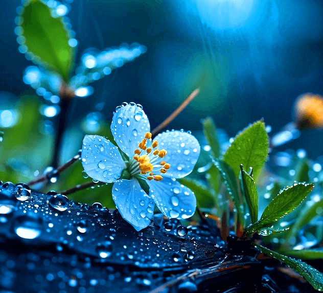 하얀 작은 들꽃에 비가 내리고 있다. 초록잎에도 빗방울이 가득하다.