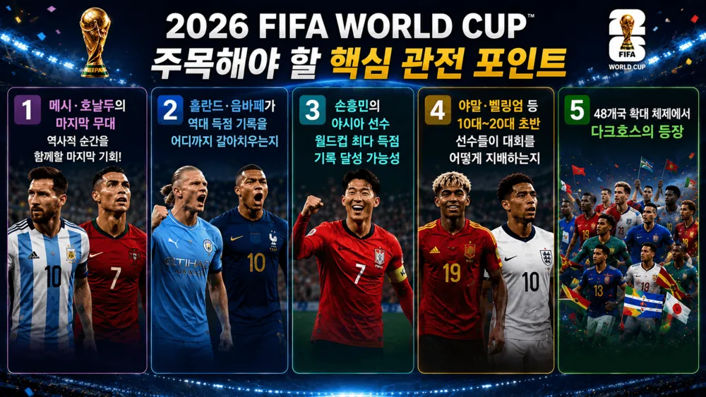2026 FIFA 월드컵 핵심 관전 포인트 5가지를 설명하는 인포그래픽.