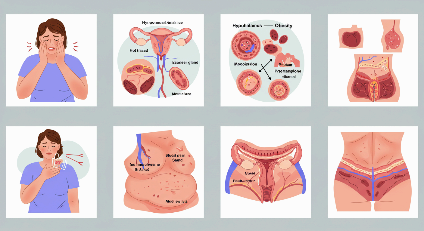 여성의 갱년기 증상과 호르몬 변화 과정을 표현한 의학 일러스트 세트. 안면 홍조, 심계항진, 비만, 생식기 구조 변화 등 갱년기와 관련된 다양한 신체적 변화가 그림으로 묘사되어 있음.