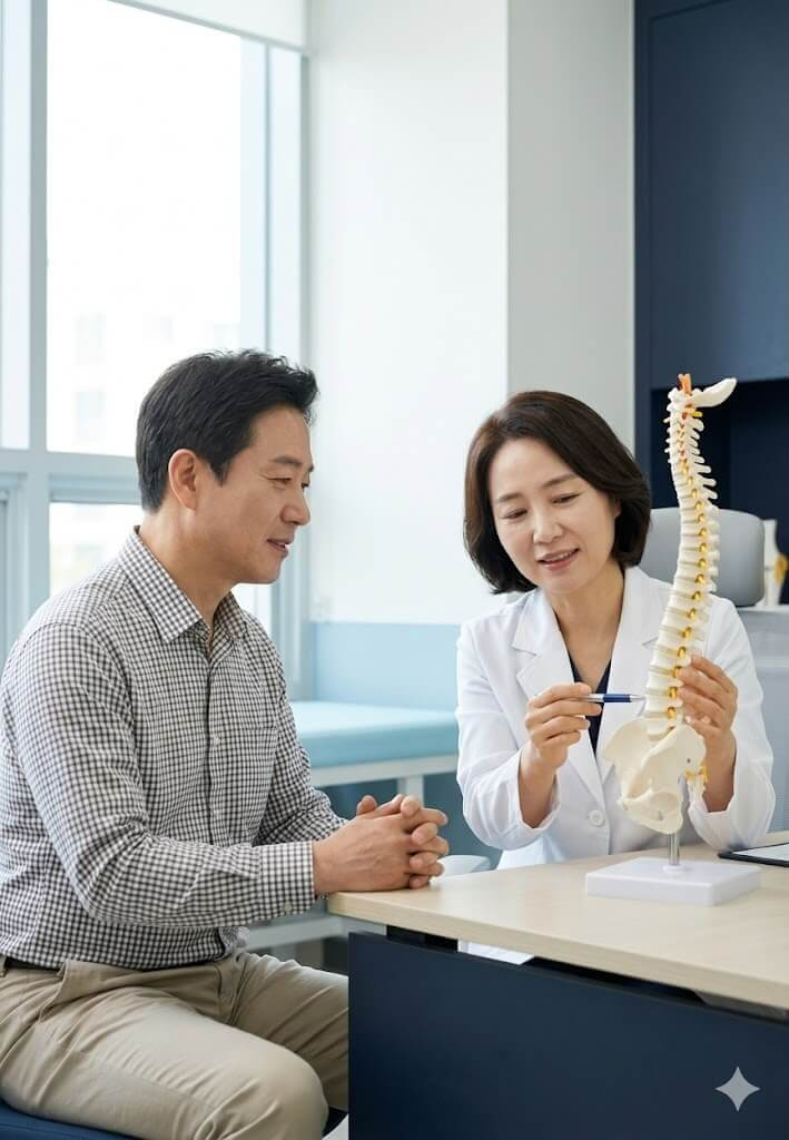 등 통증으로 병원에 방문해 의사와 상담중인 중년 남성