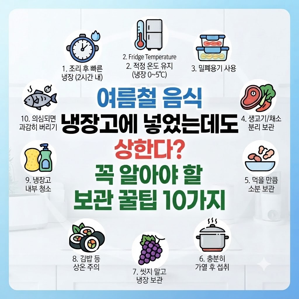 여름철 음식, 냉장고에 넣었는데도 상한다? 꼭 알아야 할 보관 꿀팁 10가지 블로그 포스팅 썸네일 이미지. 조리 후 빠른 보관, 냉장고 온도 유지, 밀폐용기 사용, 생고기와 채소 분리, 소분 보관, 충분히 데우기, 과일 보관법, 김밥 주의사항, 냉장고 청소, 상한 음식 판별법 등 10가지 생활 정보 아이콘과 함께 안내