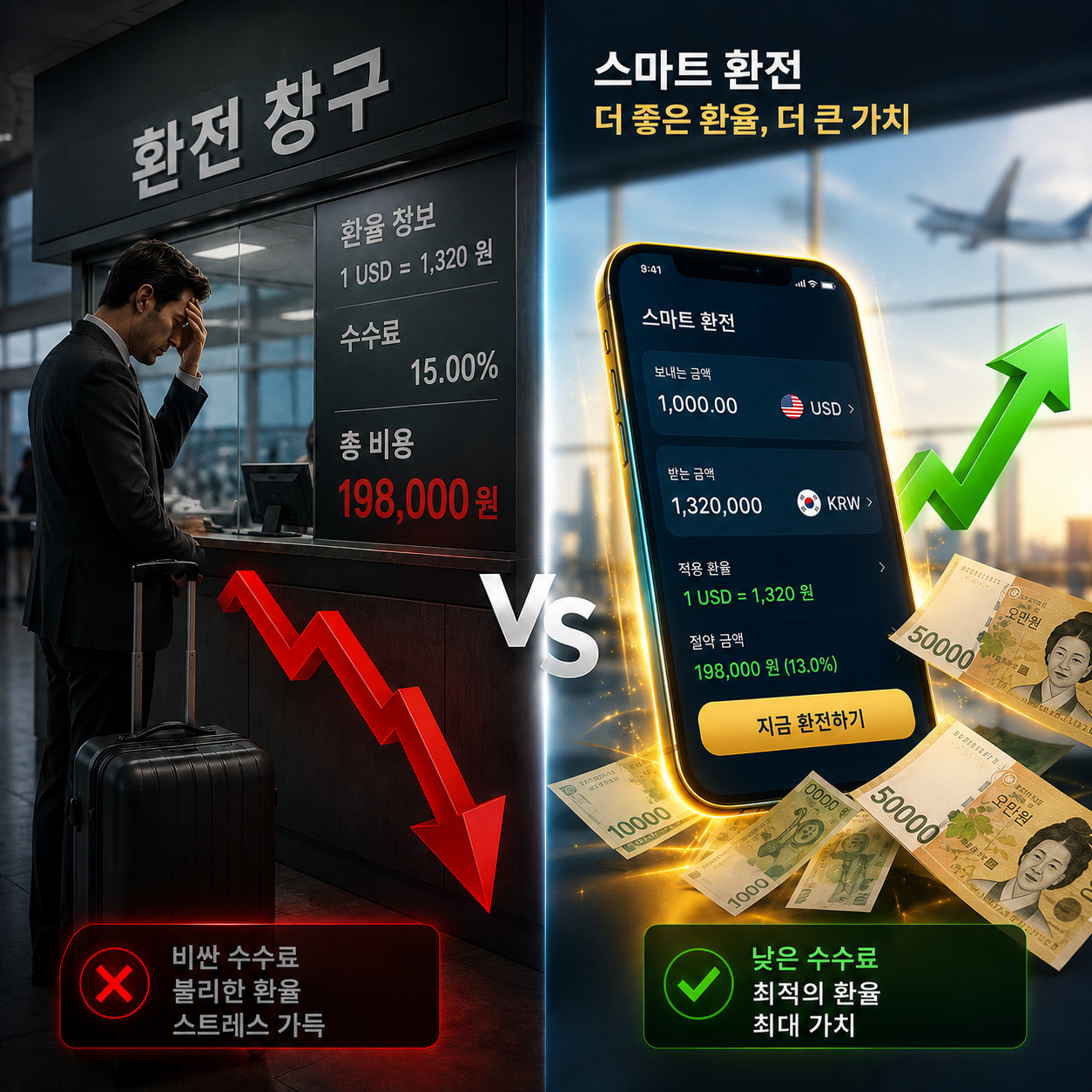인천공항 환전소와 모바일 앱 환전 수수료의 차이를 비교하고 주거래 은행 우대 혜택을 설명하는 해외 출장 환전 팁 썸네일 이미지