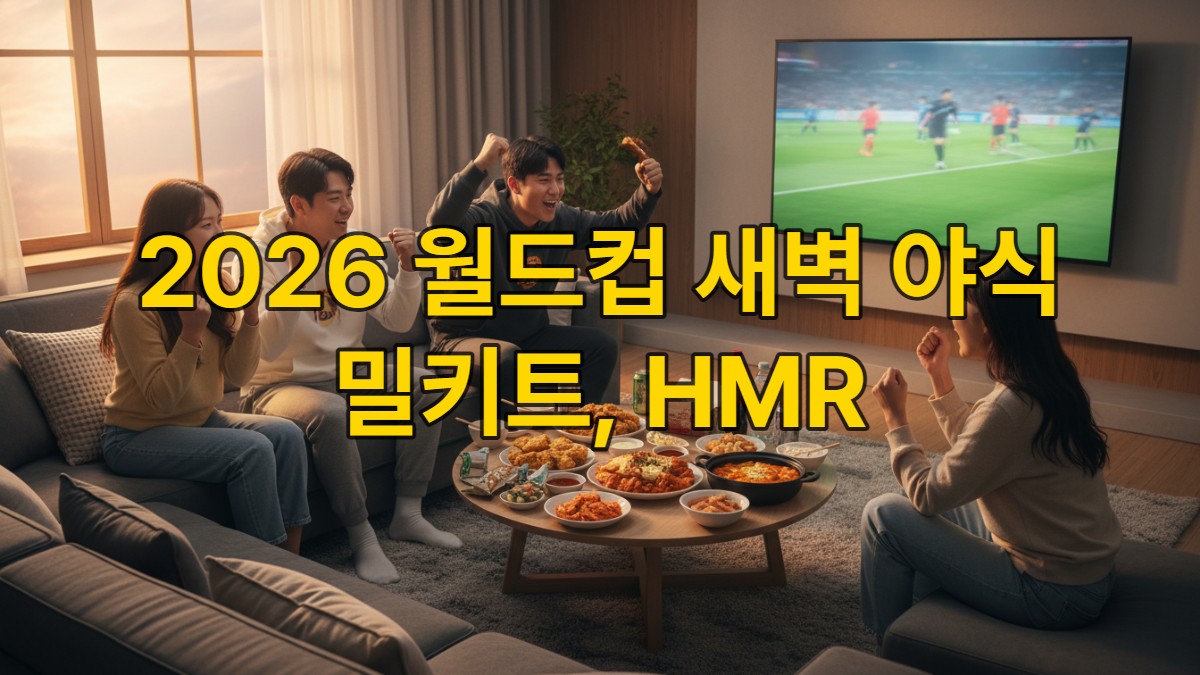 2026년 월드컵 새벽 경기를 시청하며 밀키트와 HMR 야식을 즐기는 한국인들의 활기찬 모습.