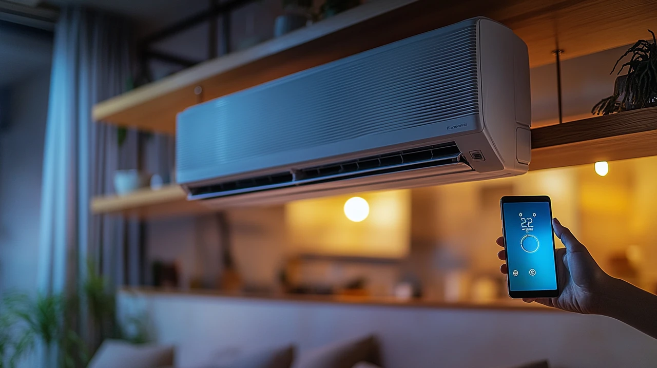 스마트폰으로 무풍 에어컨을 원격 조종하는 스마트 홈 환경입니다. 부드러운 색조와 스마트 기술의 융합이 편리함과 혁신을 표현합니다.