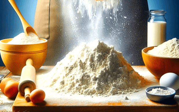 식탁 위에 하얀 밀가루가 가즉하다. 밀가루가 사방에 날리고 있고 주변엔 밀가루를 담은 그릇들이 있다.