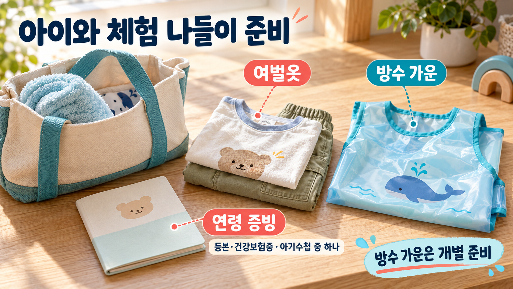 물놀이용 여벌옷과 방수 가운, 무료입장 연령 증빙 준비물