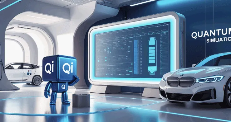 미래형 전기차 연구소에서 귀여운 큐브형 QCi 마스코트가 배터리 시뮬레이션 데이터를 분석하고 있다. 옆에는 BMW 로고가 있는 하얀 전기차가 배치되어 있으며, 벽에는 “Quantum Simulation Lab” 문구가 쓰여 있다. 픽사풍 스타일로 밝고 청명한 분위기를 강조.
(Cute QCi cube mascot analyzing battery simulation data in a futuristic BMW lab. Pixar-style with bright lighting and quantum tech ambiance.)