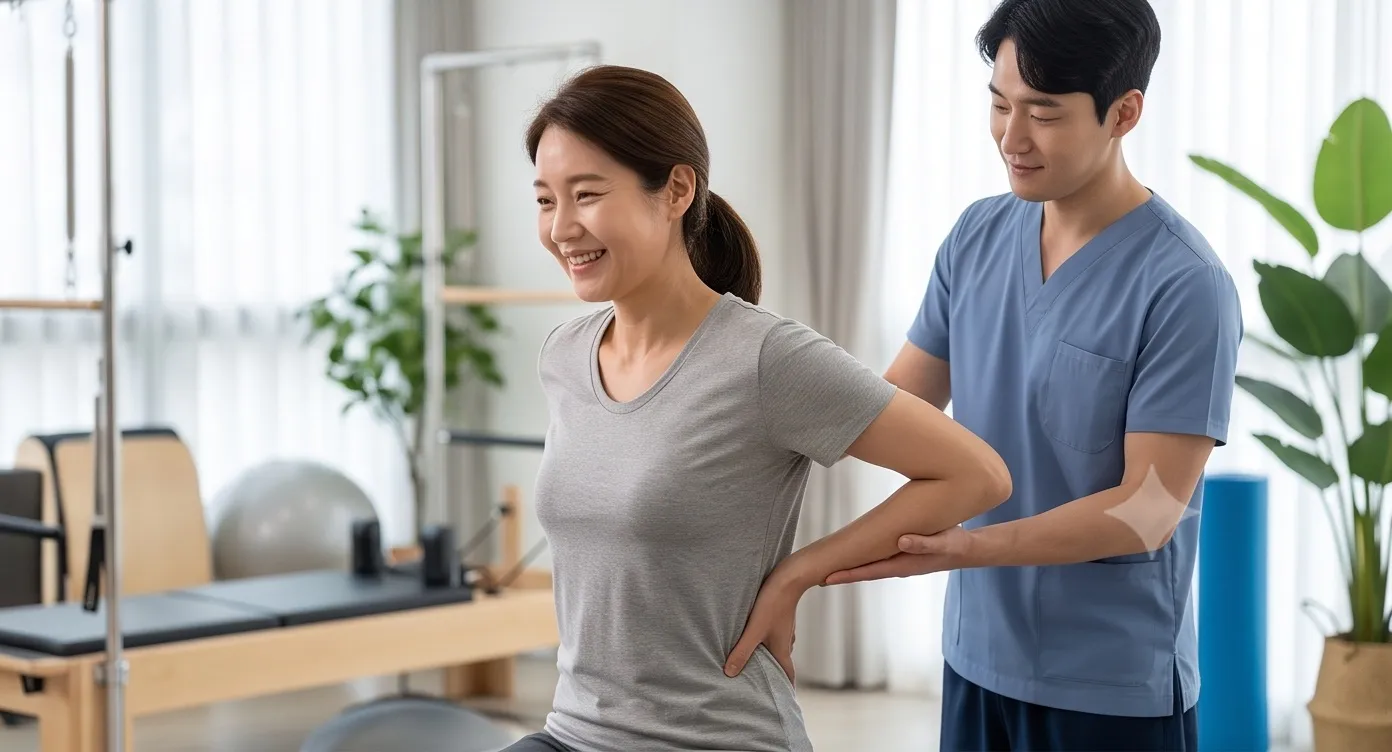 도수치료실에서 환자의 허리와 척추 관절을 교정 치료하는 도수치료사