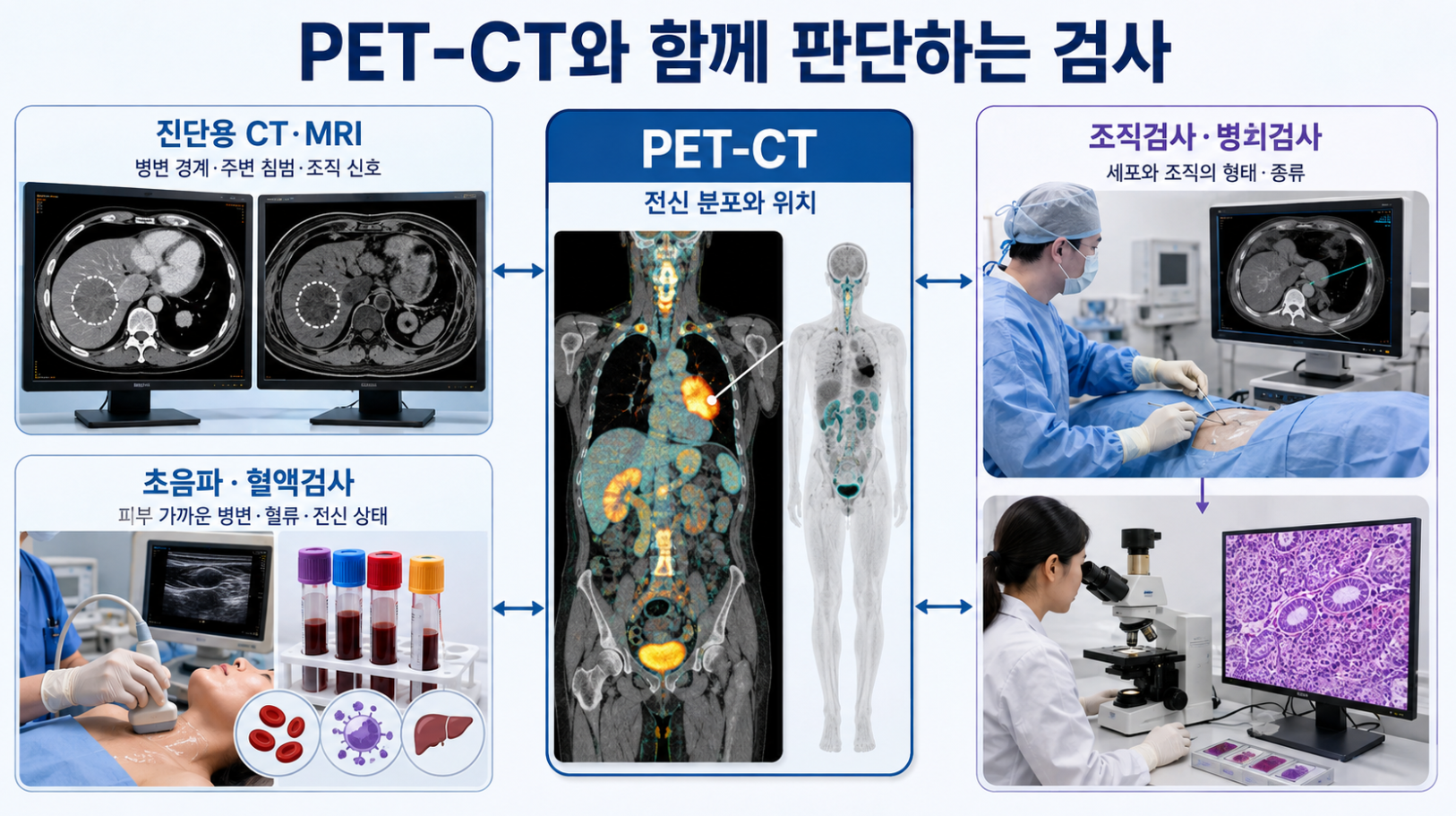 PET-CT와 진단용 CT·MRI, 초음파·혈액검사, 조직검사·병리검사의 역할을 비교한 인포그래픽