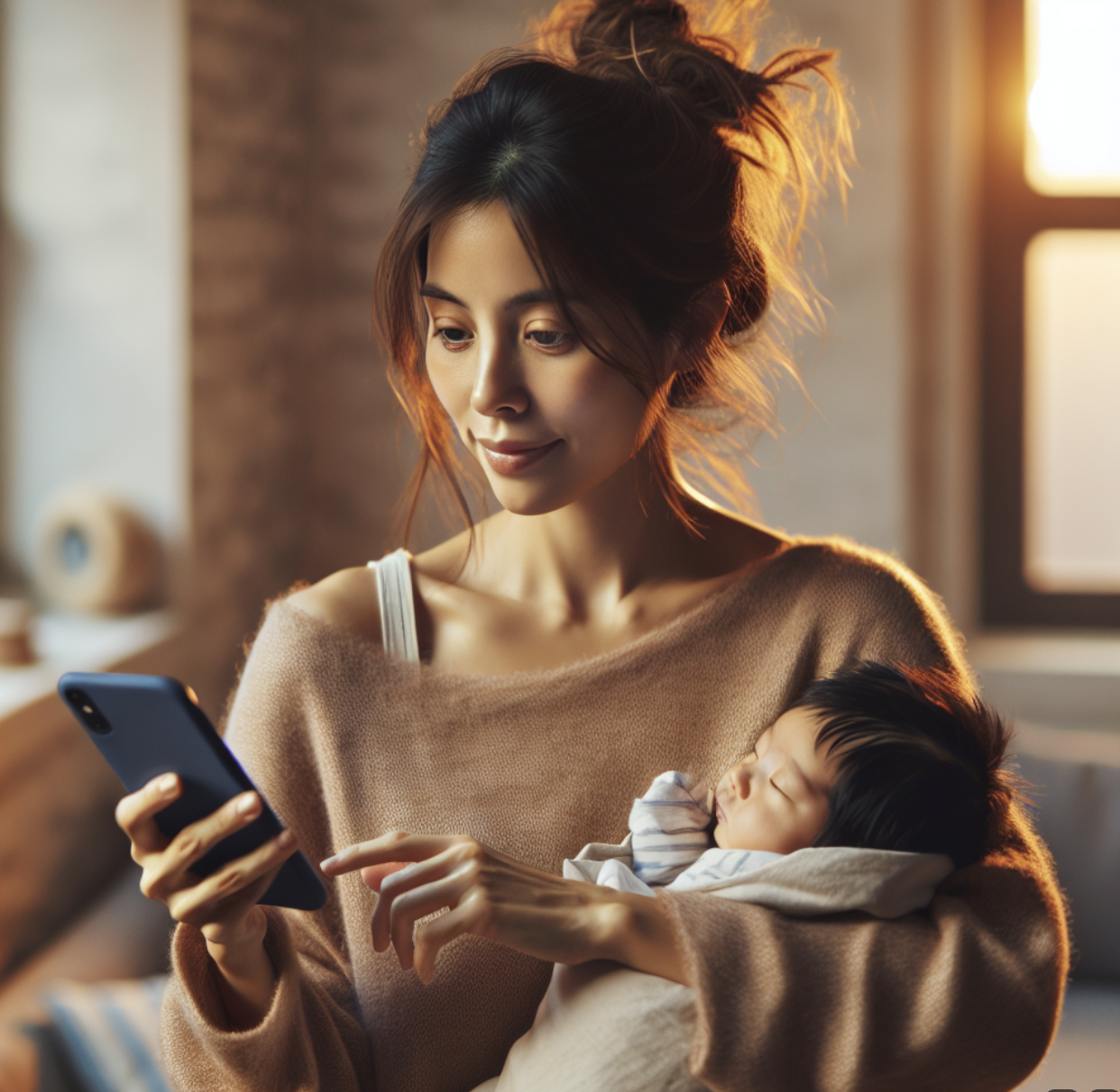 아기를 안고 핸드폰을 하는 엄마