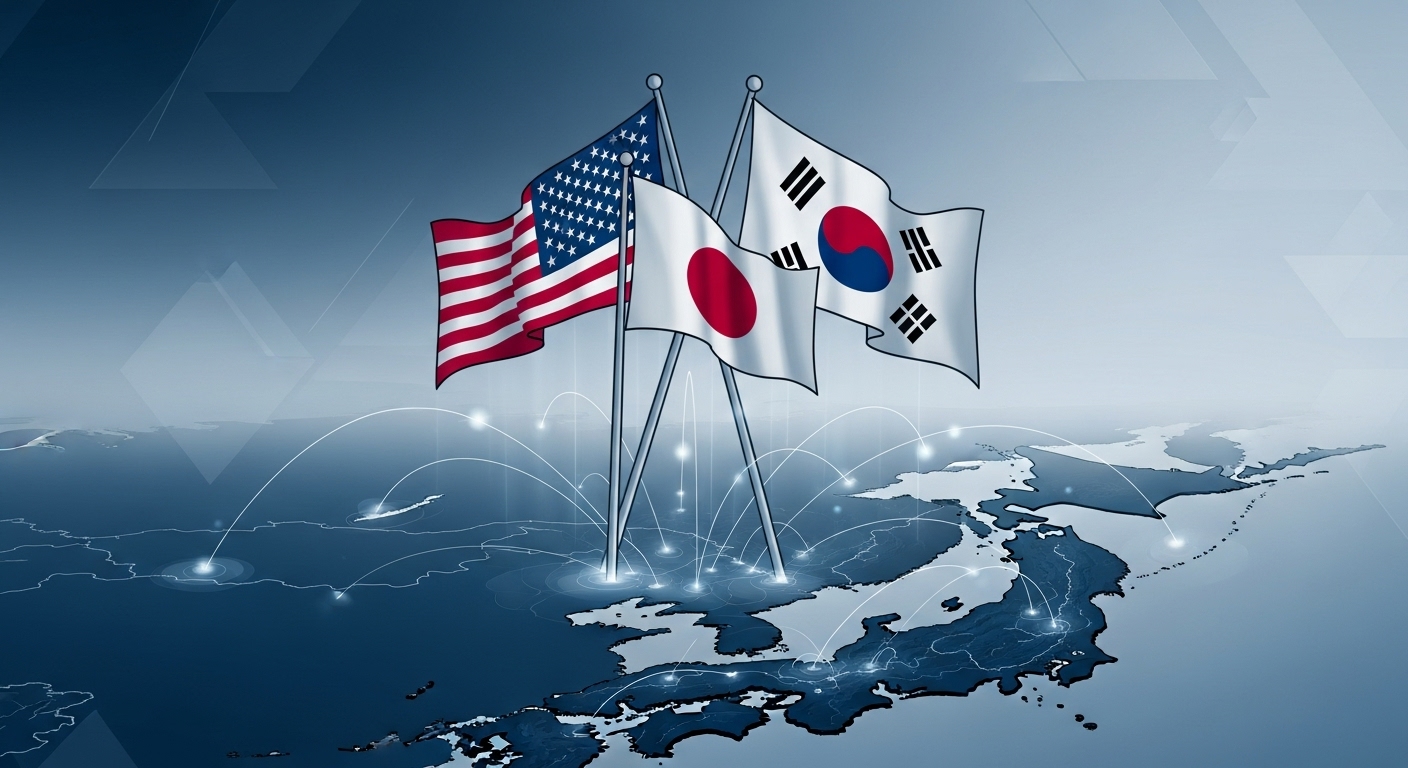 한미일 3국 국기가 단단히 결속된 모습으로 동북아시아 지도를 배경으로 하여 굳건한 안보 협력과 동맹을 상징하는 이미지.