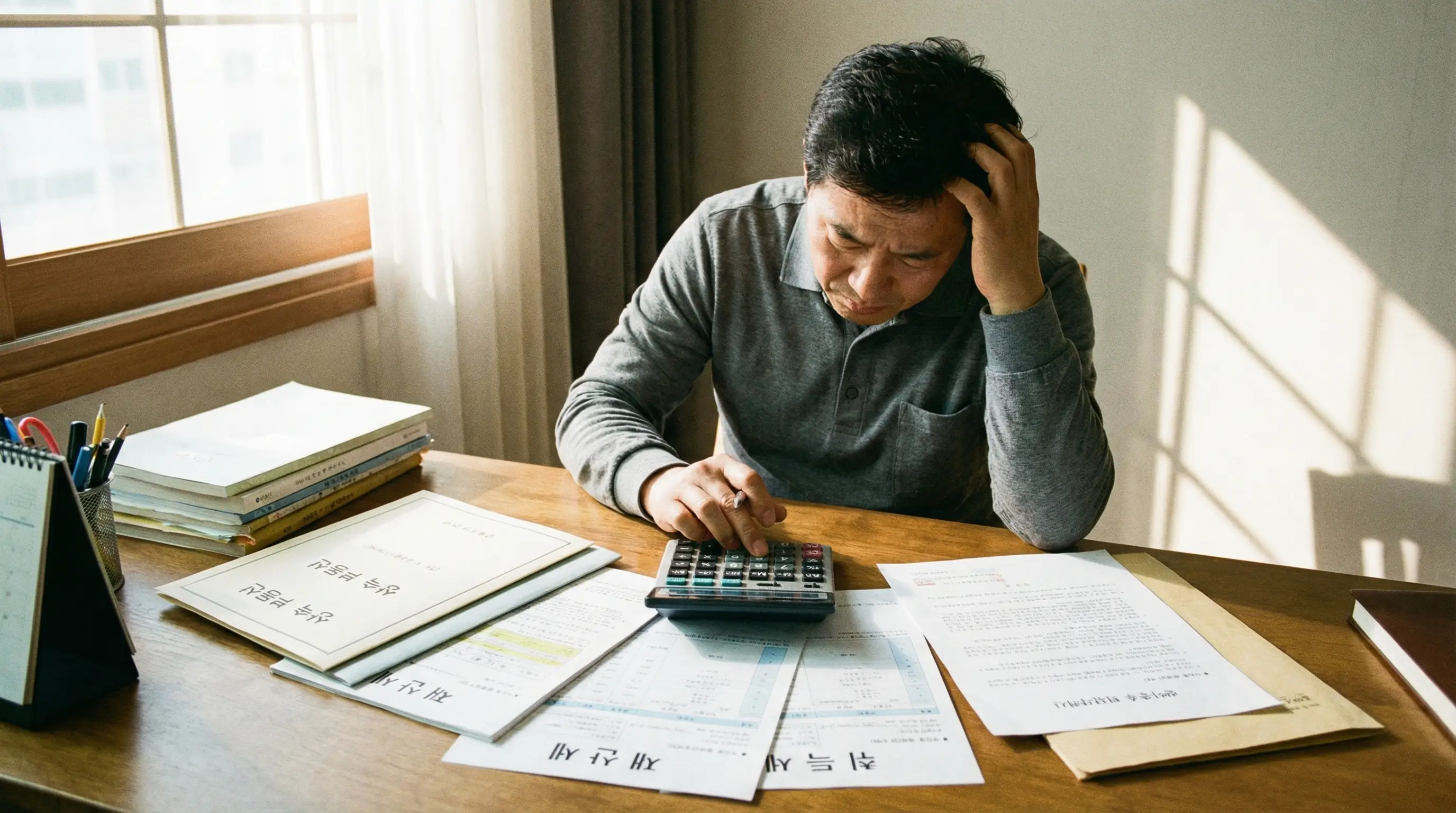 상속받은 부동산 서류와 세금 고지서를 앞에 두고 계산기를 두드리며 고민하는 상속인의 모습