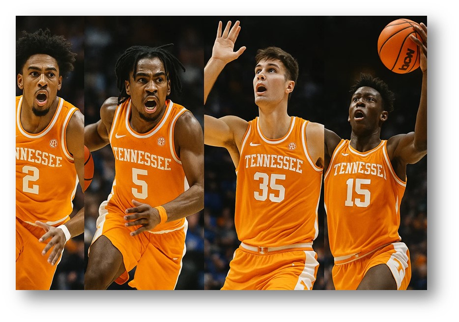 테네시 볼스의 Chaz Lanier, Zakai Zeigler, Igor Miličić Jr., 그리고 Felix Okpara 선수가 경기장에서 역동적으로 경기하는 모습