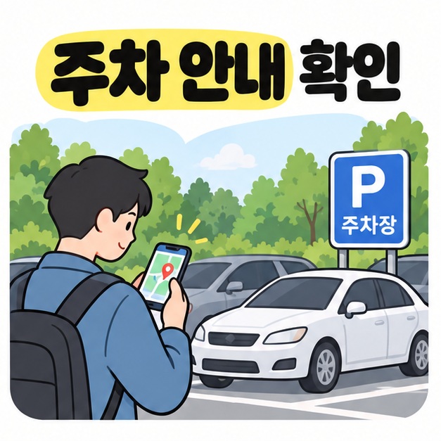 주차장에 정차한 차량 옆에서 방문객이 휴대전화로 주차 안내를 확인하는 모습