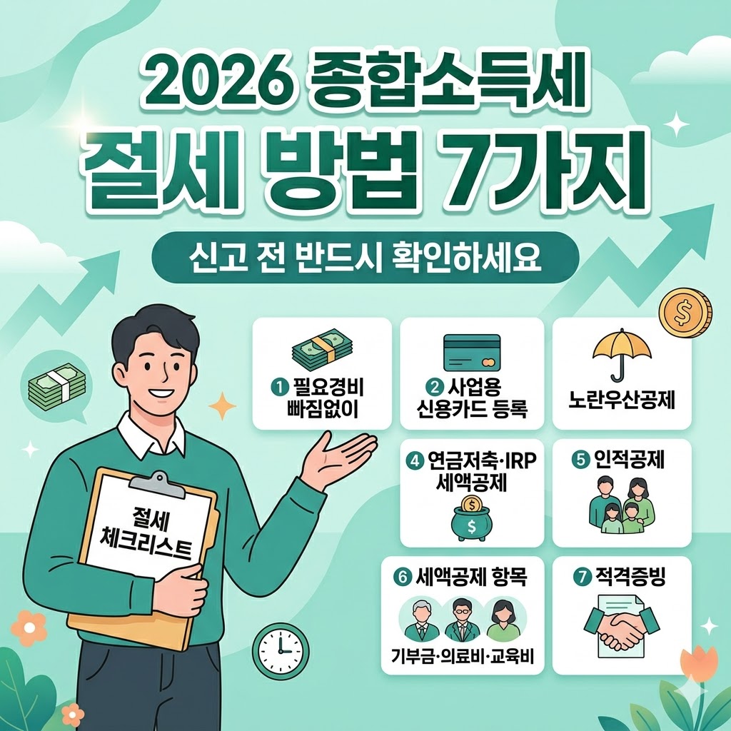 2026 종합소득세 절세 방법 7가지'라는 큰 제목과 '신고 전 반드시 확인하세요'라는 문구가 적힌 썸네일. 왼쪽에는 '절세 체크리스트'가 적힌 클립보드를 든 남성이 웃고 있으며, 오른쪽에는 1번부터 7번까지의 절세 항목(필요경비, 사업용 신용카드, 노란우산공제, 연금저축·IRP, 인적공제, 세액공제, 적격증빙)이 각각의 아이콘과 함께 직관적으로 배치되어 있습니다. 배경은 연한 민트색이며 상승하는 화살표와 돈 아이콘이 포함되어 긍정적인 느낌을 줍니다.