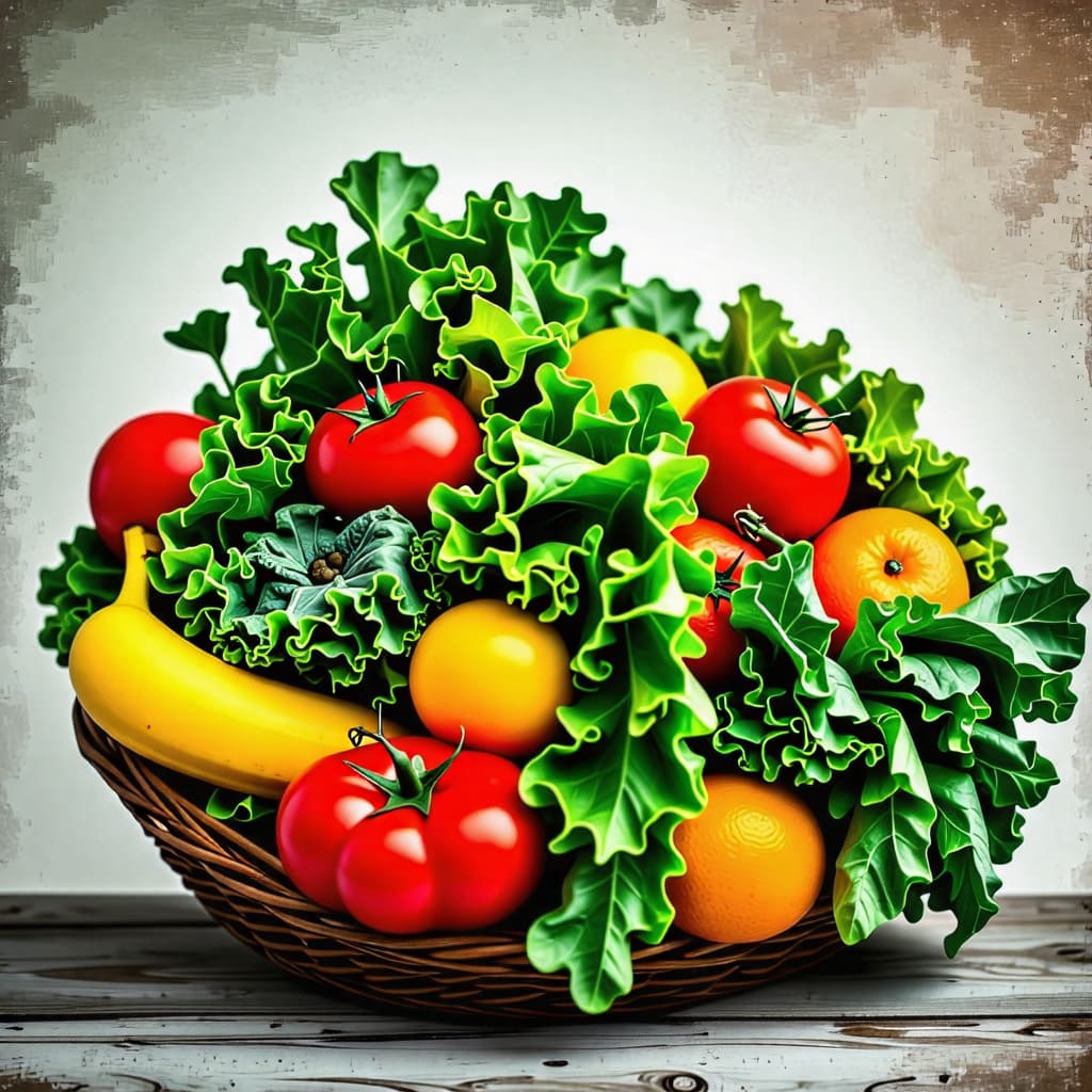 다양한 신선한 과일과 채소가 가득 담긴 바구니의 이미지.