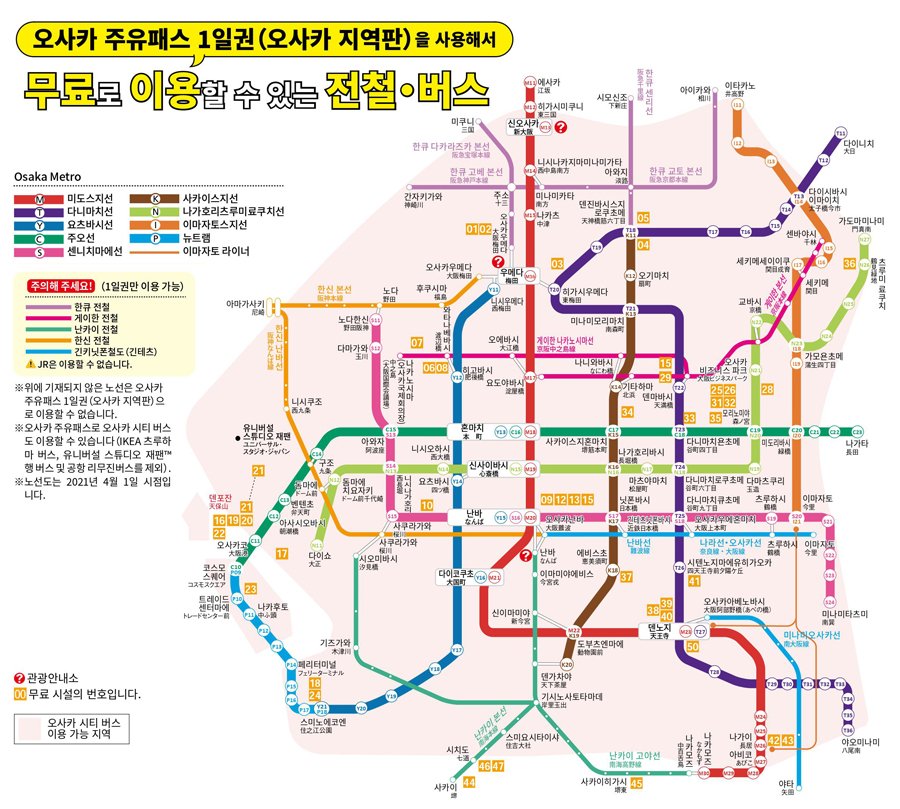 오사카 주유패스 1일권으로 이용가능한 교통 노선도