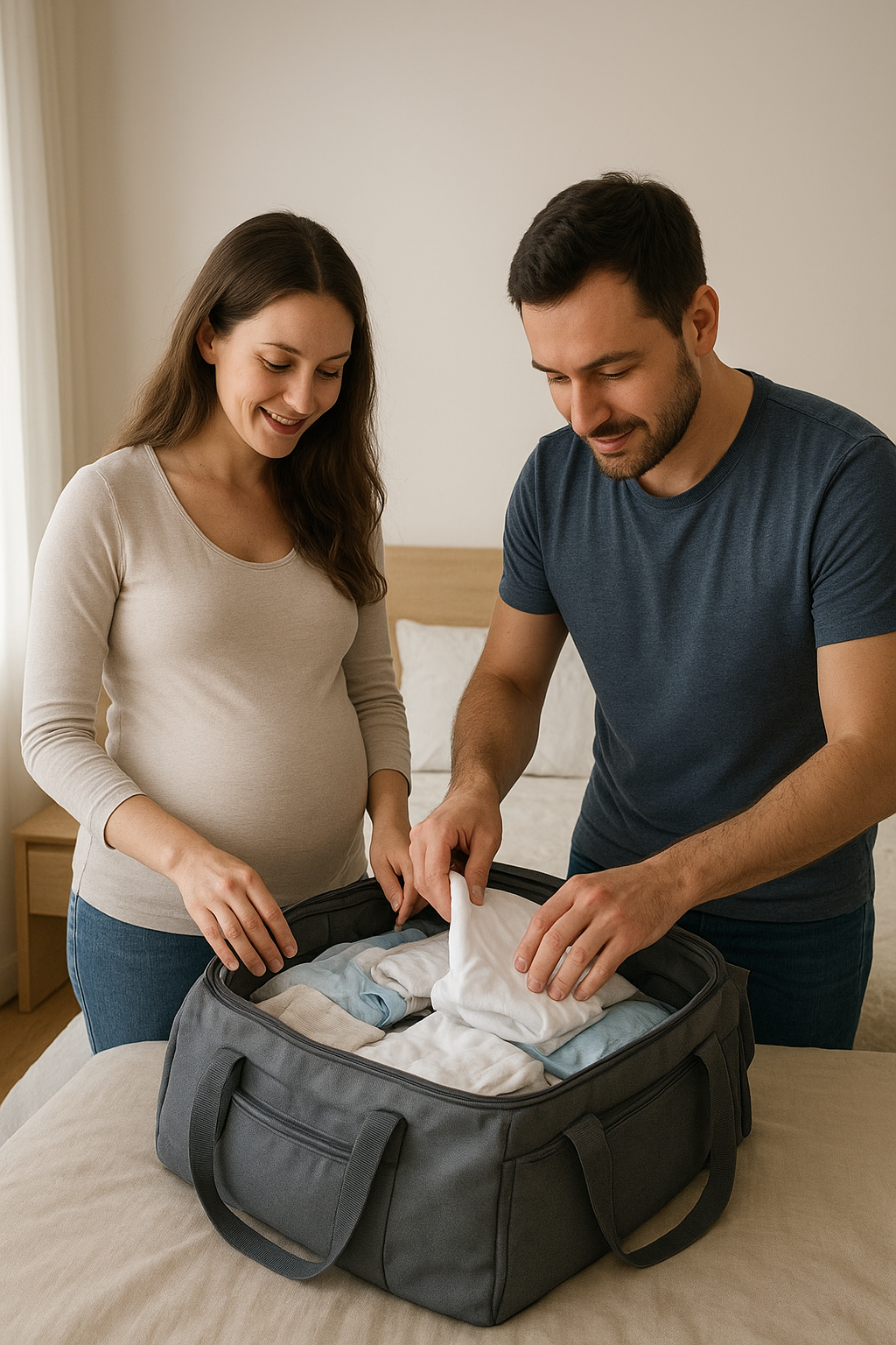출산가방 챙기는 부부의 이미지