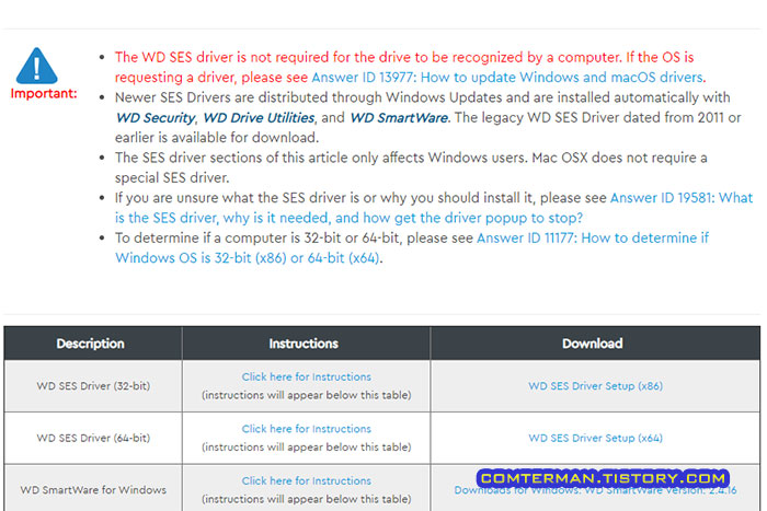 WD SES 드라이버 주의사항