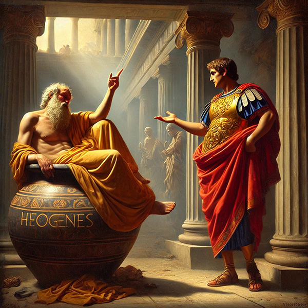 디오게네스와 알렉산드로스 대왕이 함께 있는 이미지
