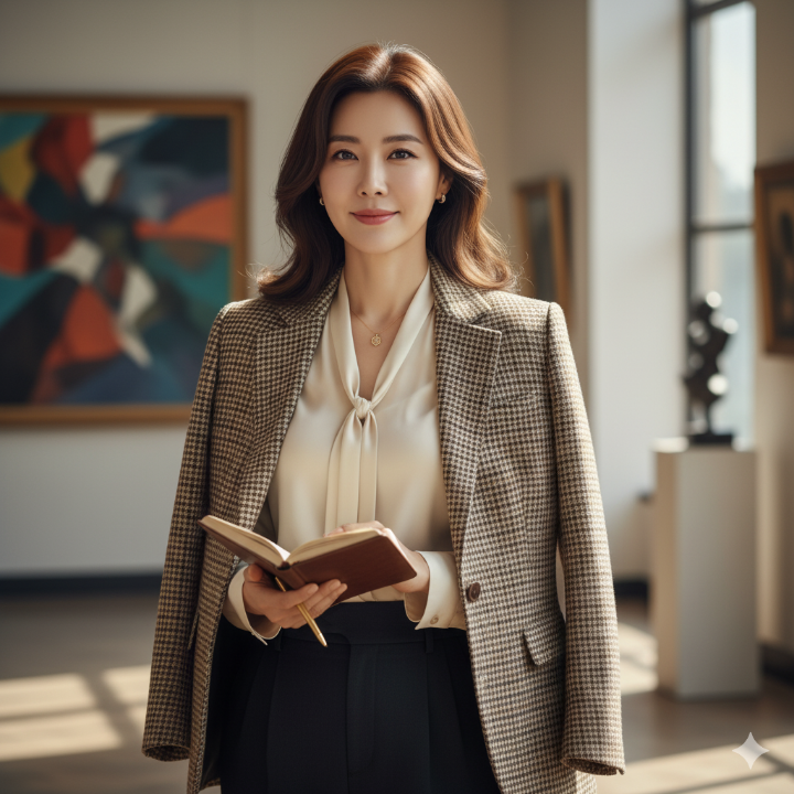 클래식한 글렌 체크 자켓을 입은 40대 여성의 세련된 모습