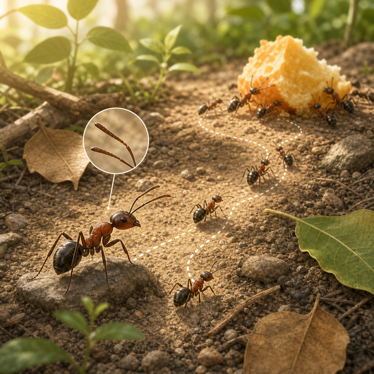 Ants following a scent trail toward food in an educational illustration