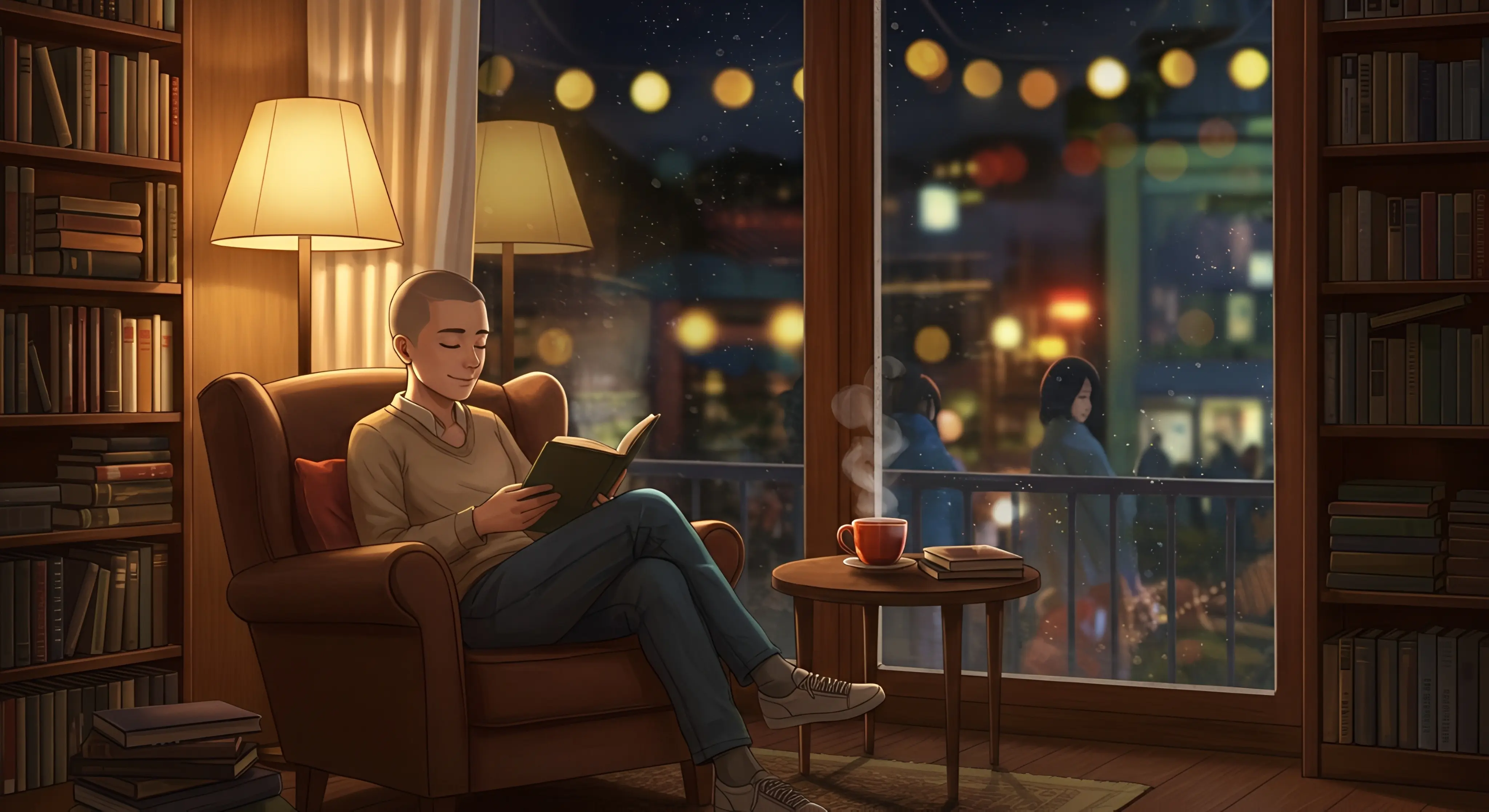 따뜻한 조명 아래 안락한 의자에 앉아 책을 읽는 젊은 성인의 모습. 주변에는 책장이 가득하고, 옆 테이블에는 차 한 잔이 놓여있으며, 창밖으로는 도시의 불빛과 사람들이 흐릿하게 보인다. 혼자 있지만 평온하고 만족스러운 건강한 고독의 순간을 표현.