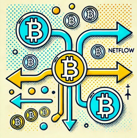 넷플로우를 화살표와 비트코인 심볼로 귀엽고 간단하게 표현한 그림