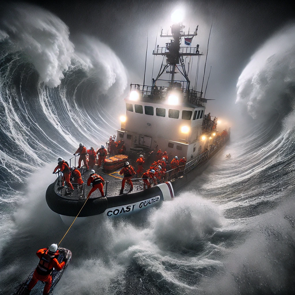 이 사진은 거친 파도 속에서 사명감을 가지고 일하는 해양경창들의 모습 입니다.