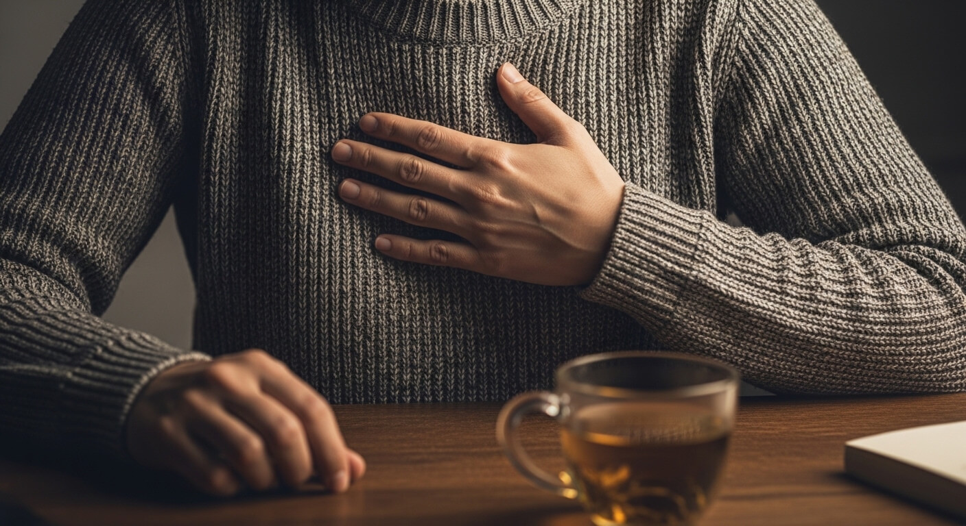 역류성 식도염으로 가슴 쓰림 증상을 느끼는 성인의 모습