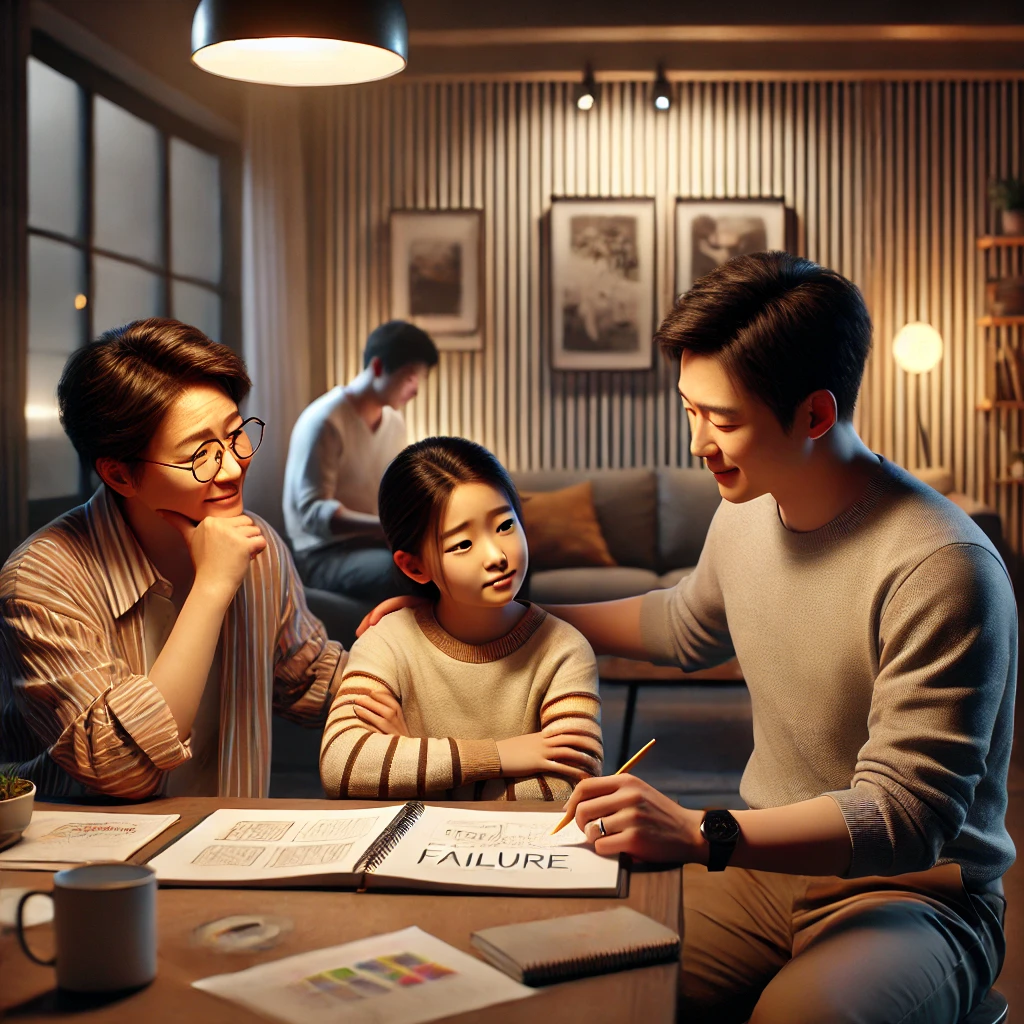 부모가 아이와 함께 대화를 나누며 격려와 지지를 전하는 장면이 담겨 있습니다.