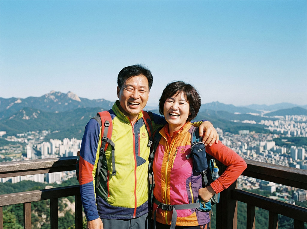 등산복 차림의 활기찬 50대 한국 부부가 산 정상 부근의 전망대에서 어깨동무를 하고 환하게 웃으며 카메라를 바라보고 있다