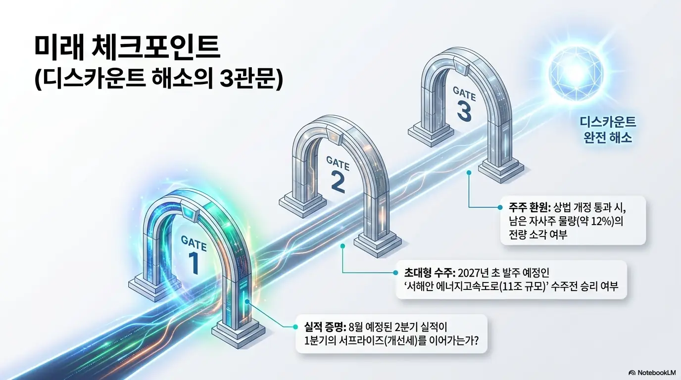 LS 주가 전망: 세 개의 관문(GATE)으로 표현한 LS 디스카운트 해소 체크포인트. 8월 2분기 실적, 2027년 초 서해안 에너지고속도로(11조 규모) 수주전, 상법 개정 시 남은 자사주 약 12% 전량 소각 여부를 순서대로 짚어 향후 관전 포인트를 설명함.