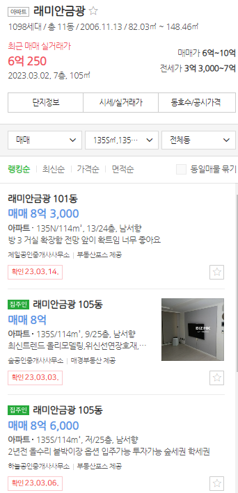 호갱노노 및 네이버 실거래가와 호가