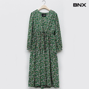 BNX 라운드넥 허리 리본 셔링 롱 긴팔 원피스 BU3OP007L0