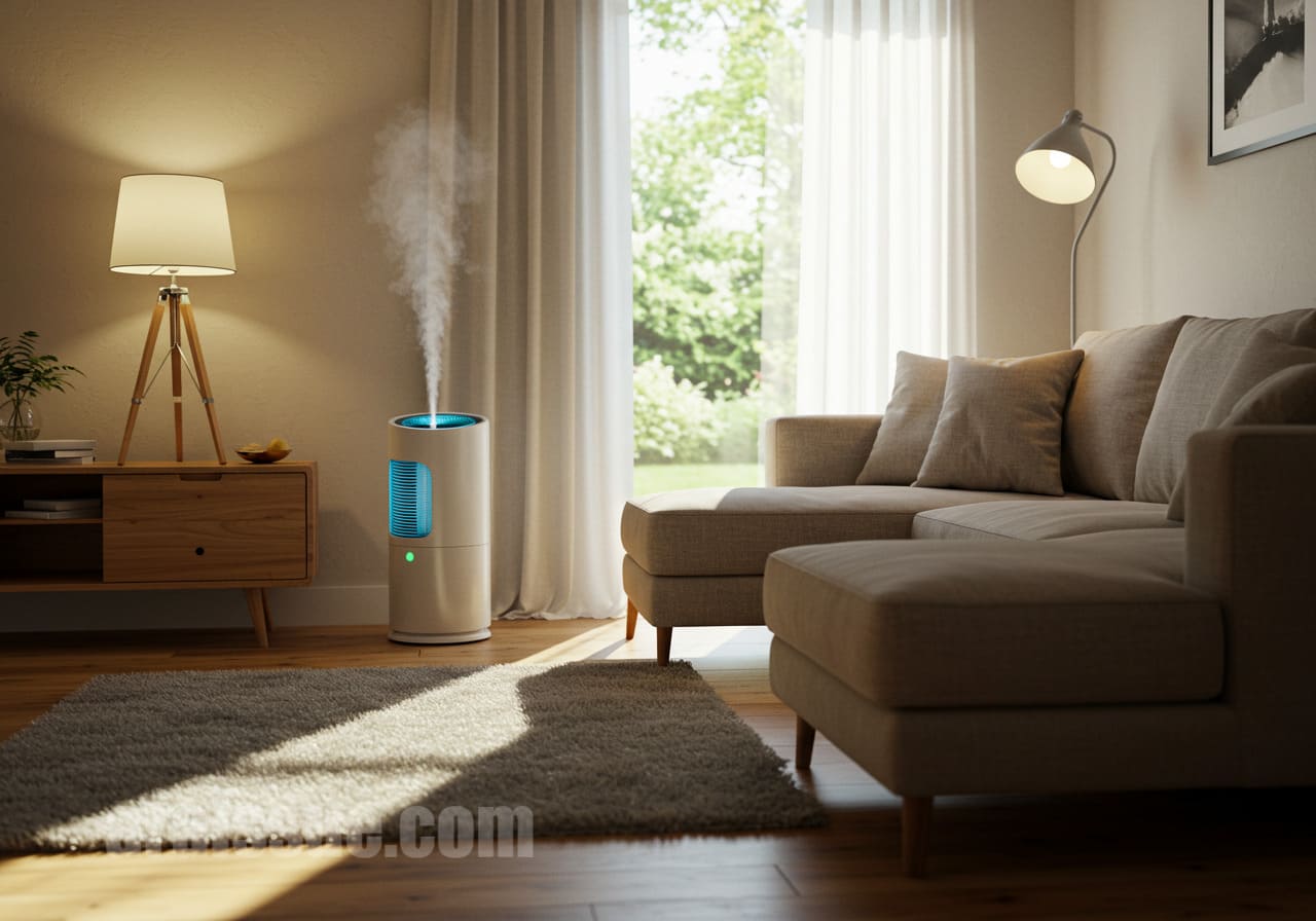 가습기가 켜진 따뜻한 거실, 부드러운 조명 아래 먼지가 없는 공간으로 알레르기 유발 요인이 제거된 환경을 묘사한 이미지