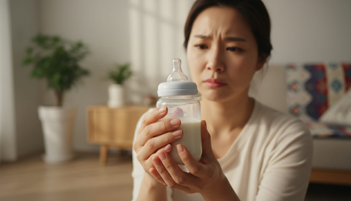 걱정스러운 표정으로 아기 분유병을 들고 있는 한국인 엄마의 손, 아이 먹거리 안전에 대한 고민을 표현