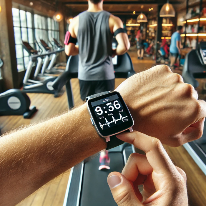 헬스장에서 트레드밀 위에서 스마트워치를 착용하고 혈당 수치를 모니터링하는 사용자.