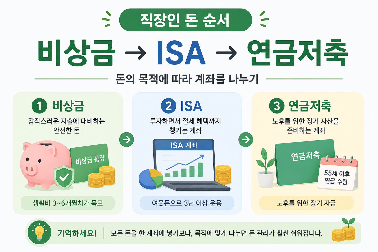 직장인이 비상금 ISA 연금저축 순서로 돈 구조를 정리하는 이미지